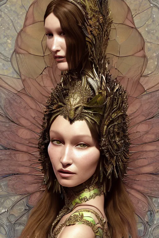 Image similar to a highly detailed painting of a beautiful alien goddess bella hadid in iris van herpen dress schiaparelli in diamonds in style of alphonse mucha art nuvo trending on artstation made in unreal engine 5