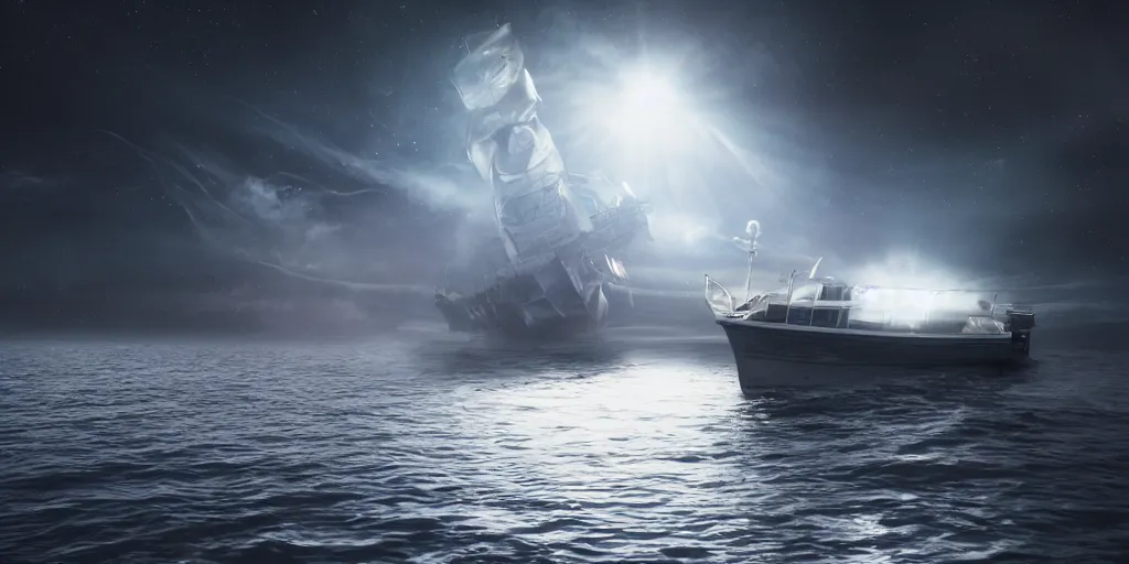 Image similar to a highly detailed realistic photographic render of a boat in space, surreal, cinematic lighting, cinematic scene, volumetric lighting, atmospheric scene, dark, mystery, atmospheric lighting, realistic, photo realism, hyper realistic, hyper realism, photo realisitc, cinematic render, film, beautifully lit, ray traced, octane 3 d render, octane render, unreal engine