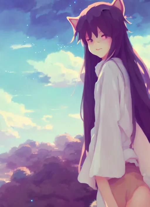 Image similar to portrait of cute catgirl, cloudy sky background lush landscape illustration concept art anime key visual trending pixiv fanbox by wlop and greg rutkowski and makoto shinkai and studio ghibli