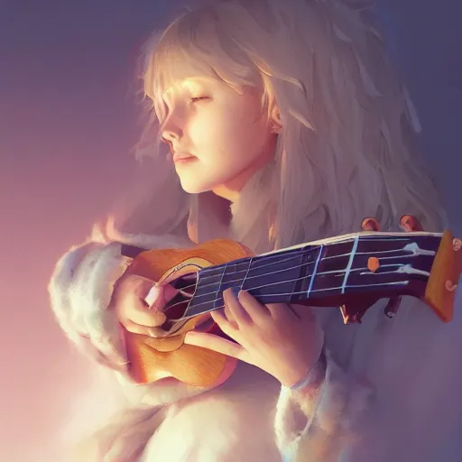 Image similar to 1 2 year old girl playing the ukulele, winds of winter, hyper detailed, digital art, trending in artstation, cinematic lighting, studio quality, smooth render, octane rendered, concept art, sharp focus, illustration, art by artgerm and greg rutkowski and wlop