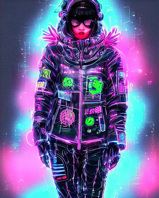 Prompt: detailed portrait Neon Operator Girl, cyberpunk futuristic neon, reflective puffer jacket, black leggings, decorated with traditional Japanese ornaments by Ismail inceoglu dragan bibin hans thoma !dream detailed portrait Neon Operator Girl, cyberpunk futuristic neon, reflective puffy coat, decorated with traditional Japanese ornaments by Ismail inceoglu dragan bibin hans thoma greg rutkowski Alexandros Pyromallis Nekro Rene Maritte Illustrated, Perfect face, fine details, realistic shaded, fine-face, pretty face