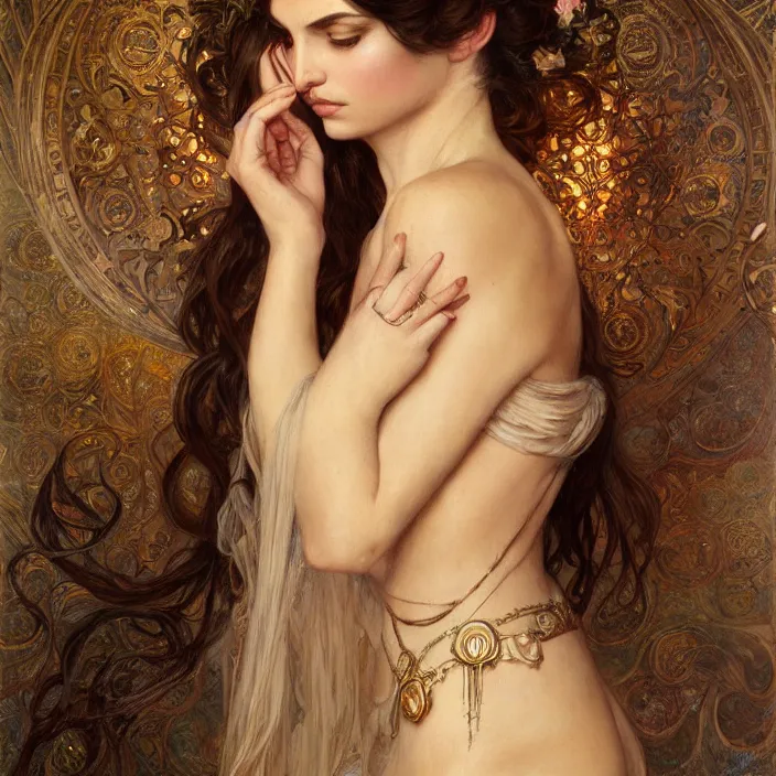 Image similar to ancient queen emily ratajkowski, diffuse lighting, fantasy, intricate, elegant, highly detailed, lifelike, photorealistic, digital painting, artstation, illustration, concept art, smooth, sharp focus, art by john collier and albert aublet and krenz cushart and artem demura and alphonse mucha