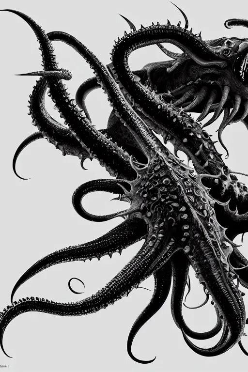 Image similar to black and white, sea enemies, extra teeth, tentacles, highly detailed, digital painting, artstation, concept art, sharp focus, illustration, unreal engine 5, 8 k