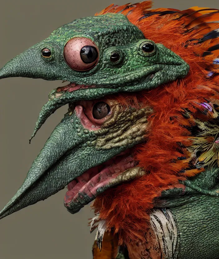 Prompt: a high resolution realistic displacement portrait of an ork, normal map creature made of doglike class aves skin merged frog, bump map strangled by plastic wrap bower bird creature wrinkles pheasant, complex feathers exotic morphing hoopoe, zebra morphing wings king vulture head