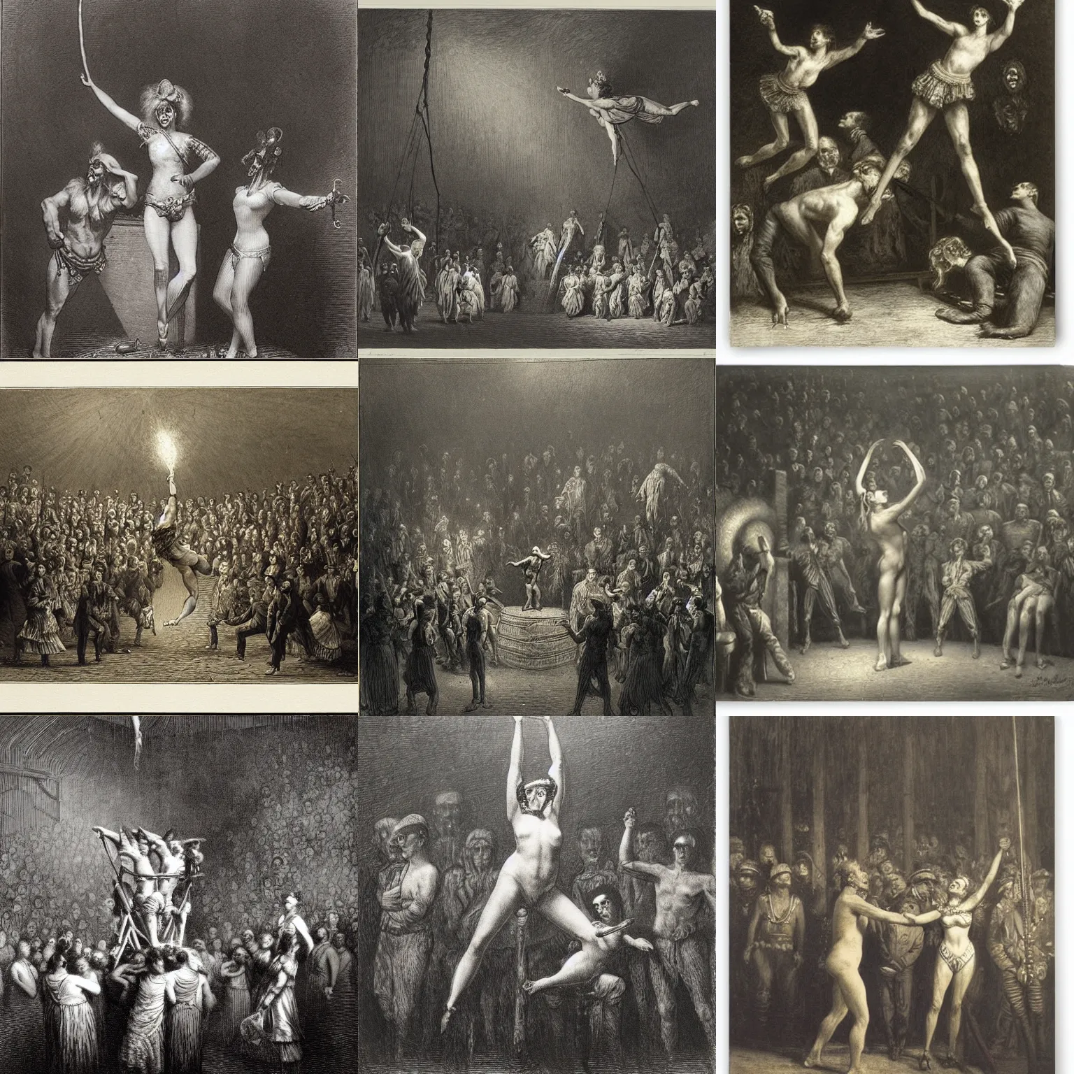 Prompt: circus sideshow performers by gustave dore