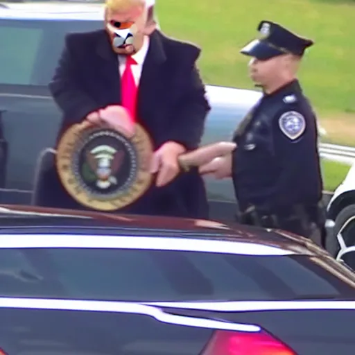 Image similar to Newscast still of Donald Trump being handcuffed and arrested and put into a cop car at mar-a-lago