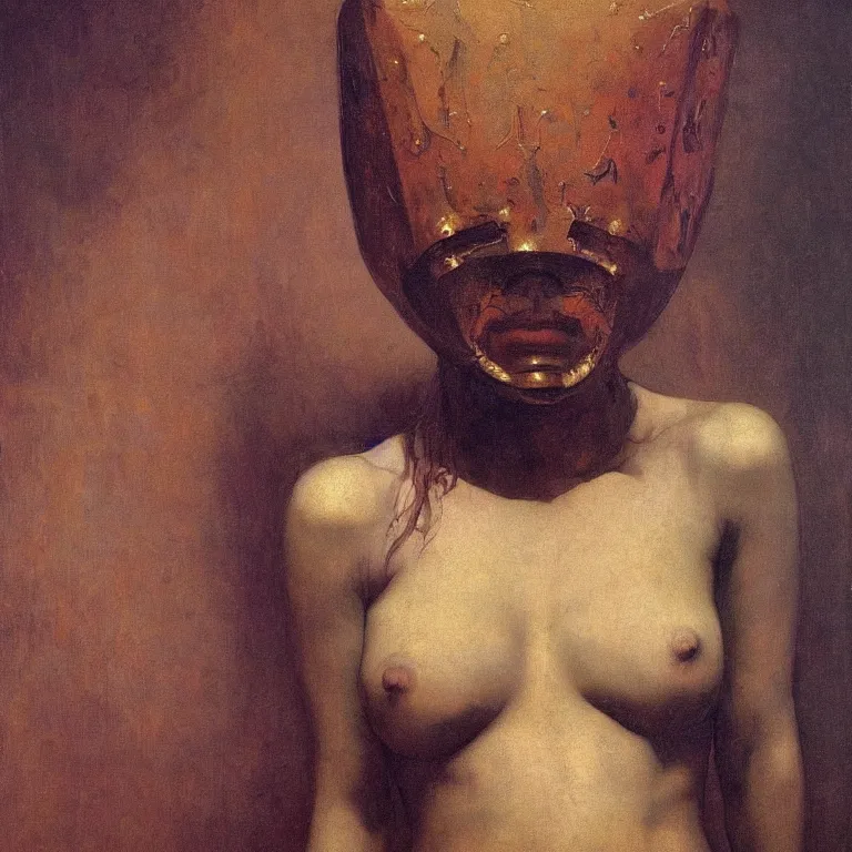 Prompt: The waist-high portrait of beautiful woman with closed eyes in steel full-face occult mask by Ilya Repin, William Blake, Michelangelo da Caravaggio and Beksinski, highly detailed oil painting, trending by artstation, fantasy character, 4k, masterpiece