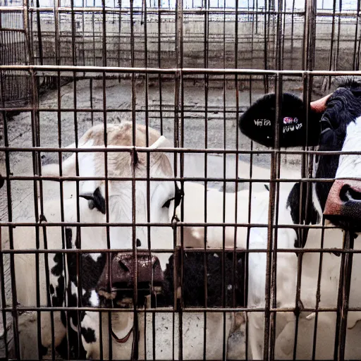 Image similar to dirty bottle of milk and a cow inside a cage, inside slaughterhouse