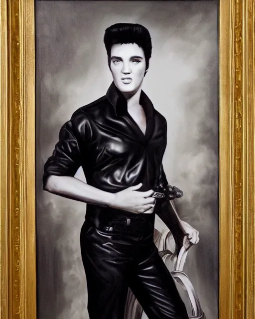Image similar to elvis presley portrait in the style of the dutch masters and gregory crewdson, dark and moody