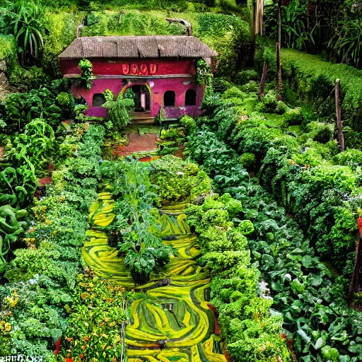 Prompt: highly detailed vegetable garden las pozas, lots of leaves, fence line, detailed. rule of thirds. intricate. sharp focus. wide angle. unreal engine 8 k. painting, wlop, cinematographer jom jarmusch, film noir.