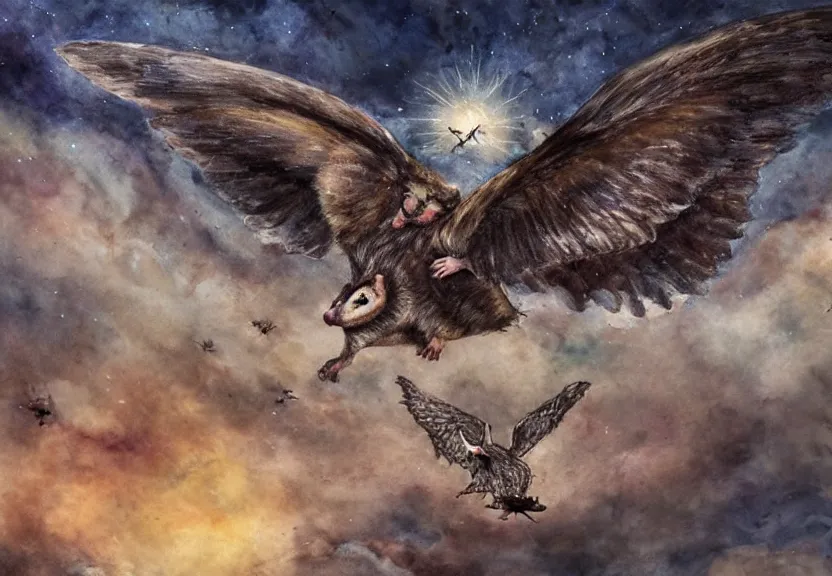 Image similar to epic winged possum flying over a medieval castle under a dark starred sky, dark fantasy, watercolor, dreaming illusion, highly detailed, 4k, trending on Artstation, award-winning