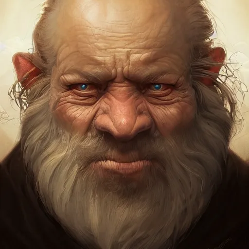 Image similar to a detailed matte head - on portrait painting of an ugly old hobbit man, with a large scar and missing teeth portrait by charlie bowater, lise deharme, wlop, tending on arstation, dungeons and dragon, dnd, pathfinder, fanart, oil on canvas