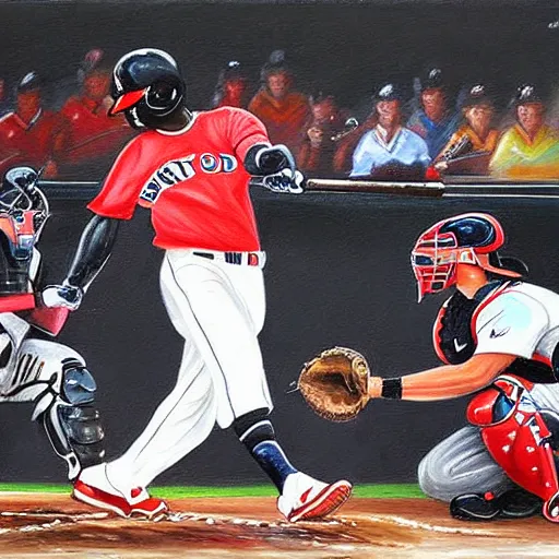 Prompt: a beautiful painting of mookie bets, hitting home run, fire from bat,