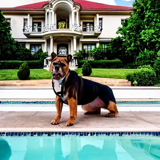 Image similar to a very detailed photo of a dog smoking a cigar outside the mansion by the pool