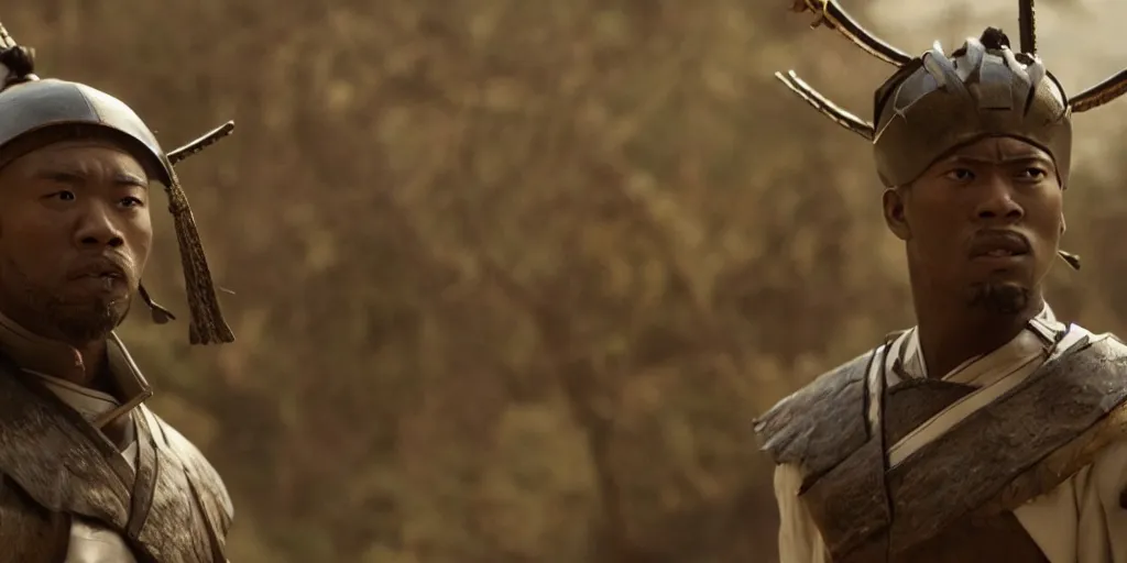 Image similar to a film still of a black man starring in a japanese blockbuster film as san ancient samurai, shallow depth of field, cinematic, award winning cgi, vfx, film still