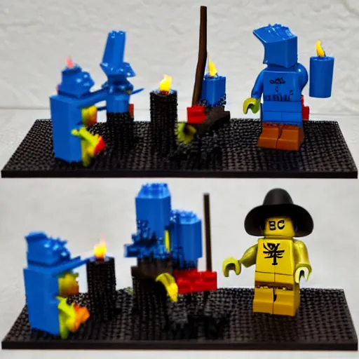 Prompt: Salem witch trials Lego set, burning at the stake legos, witch tied to a stake, mob Justice legos