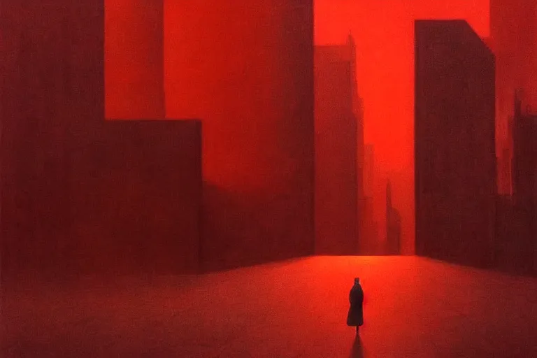 Image similar to only with red, red gif of death eat apple, a futuristic city in the background, an ancient path, in the style of beksinski, part by hopper, part by rodcenko, part by hofbauer, intricate composition, red by caravaggio, insanely quality, highly detailed, masterpiece, red light, artstation, 8 k