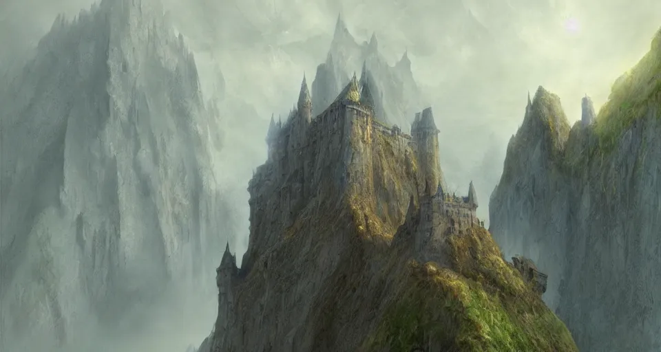 Prompt: castle on a misty mountain by John Howe and Jeff Easley and Craig Mullins, concept art, HD, 8K