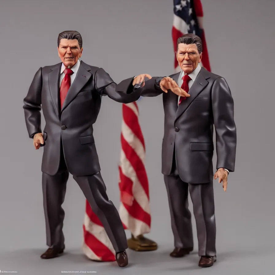 Prompt: ronald reagan hot toys action figure promo shots 4 k photography