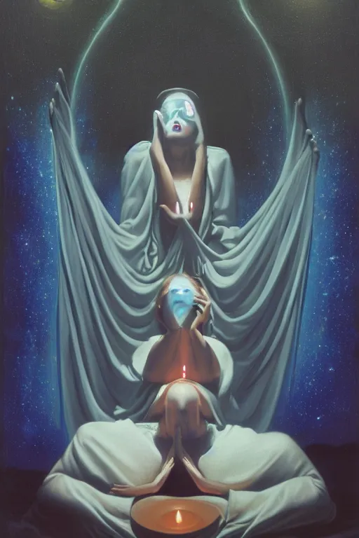 Image similar to gorgeous robed cult girl performing realism third eye ritual, dark theme night time, expanding energy into waves into the ethos, epic surrealism 8k oil painting, portrait, perspective, high definition, post modernist layering, by David A. Hardy, Gerald Brom