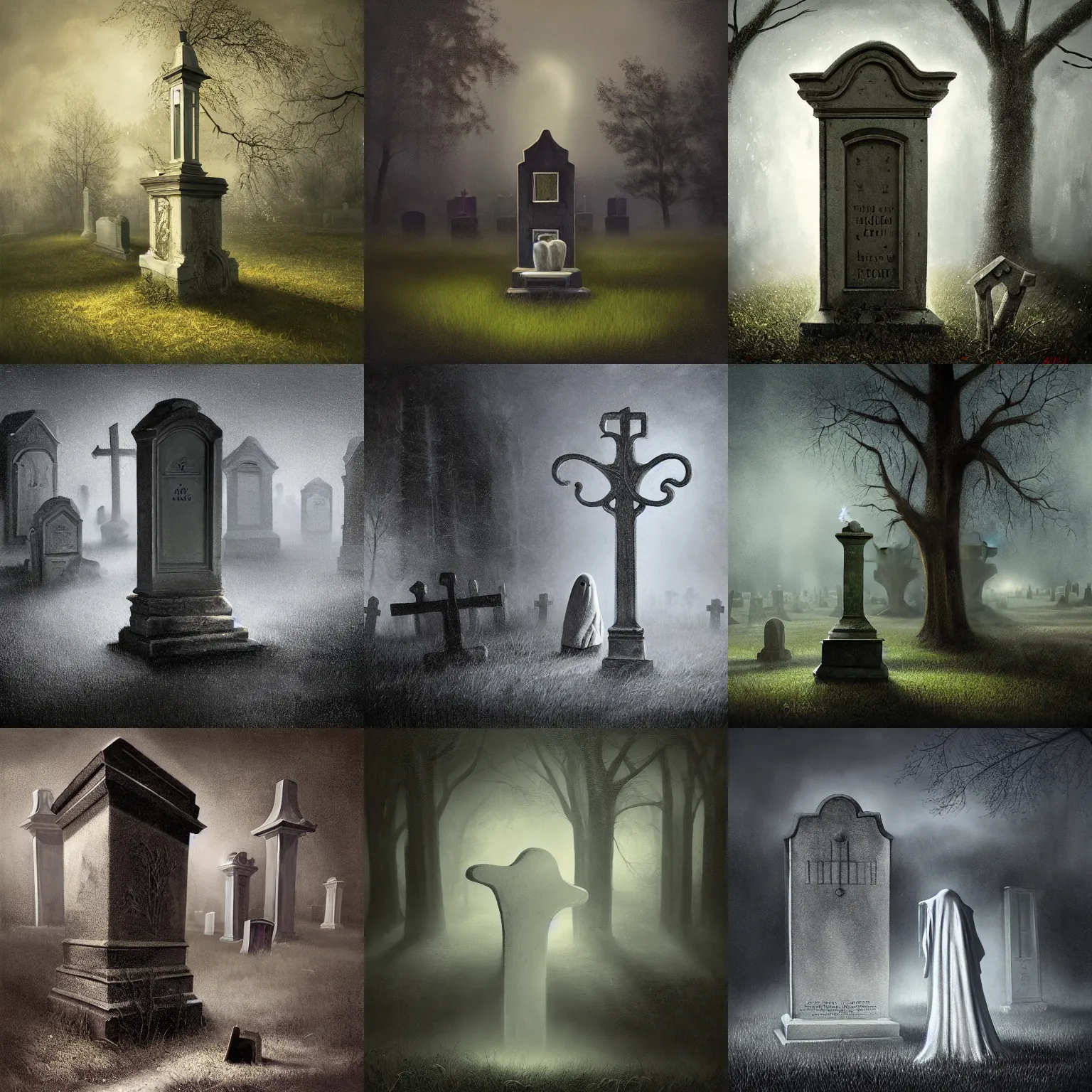 Prompt: a mike campau painting of a strange ghost in a graveyard