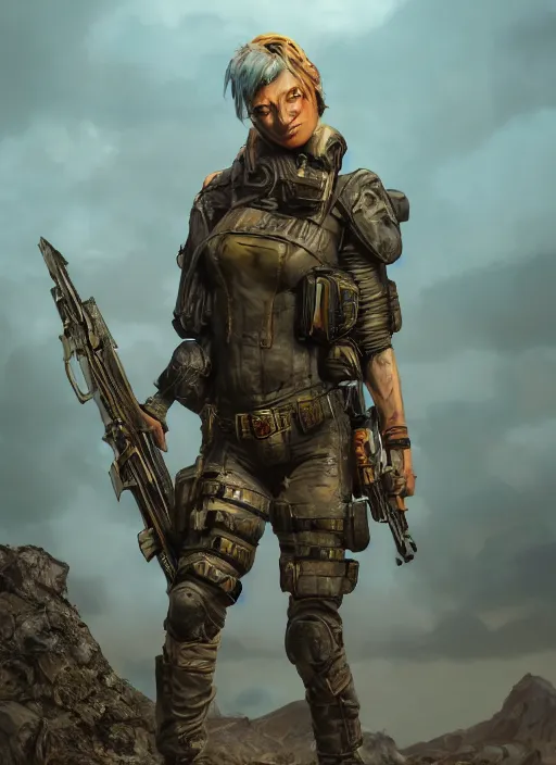 Image similar to A comic book style portrait painting of a stunning female SWAT post apocalyptic punk warrior in a wartorn landscape, unreal 5, DAZ, hyperrealistic, octane render, RPG portrait, ambient light, dynamic lighting