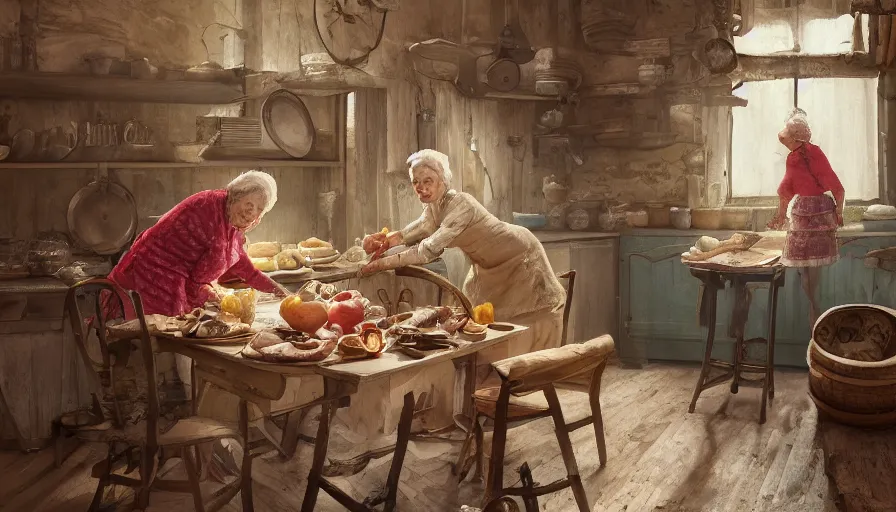 Image similar to old polish lady cooking in an old kitchen, old 1 8 0 0's house, pan and plates, fruits and legumes, old wooden tables and chairs, hyperdetailed, artstation, cgsociety, 8 k