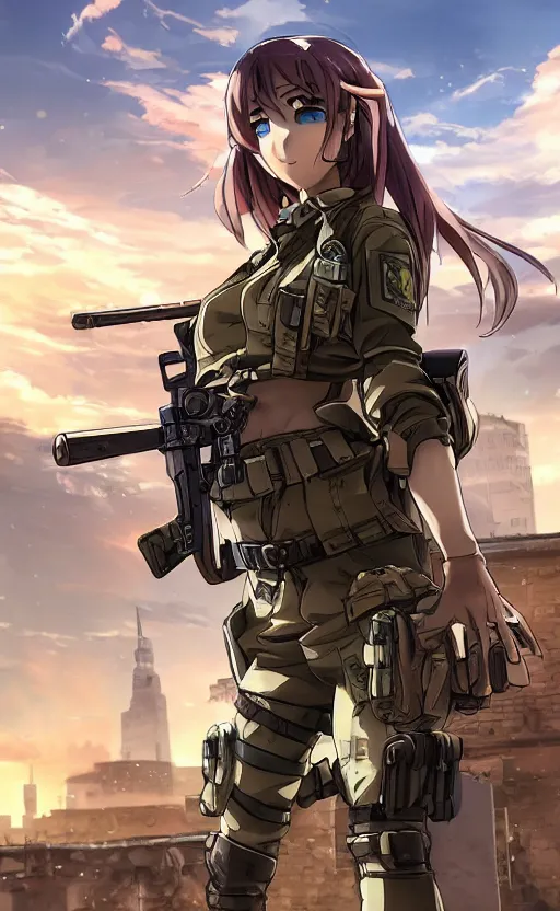 Image similar to portrait of a female soldier, highly detailed, high resolution, city ruins in the background, anime videogame style, stunning, girls frontline style, bokeh soft, 3d rendering, guilty gear strive graphics, 100mm, trending on instagram, by professional 3d artist, realistic human anatomy, realistic military carrier, modern warfare, realistic weapon, shot with a arriflex 35 ii, low saturation, small eyes