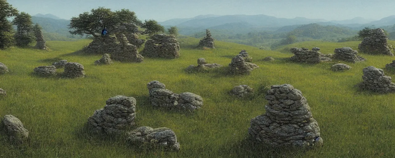 Image similar to a high hill meadow landscape with four tall stones on the top forming a circle, by ted nasmith