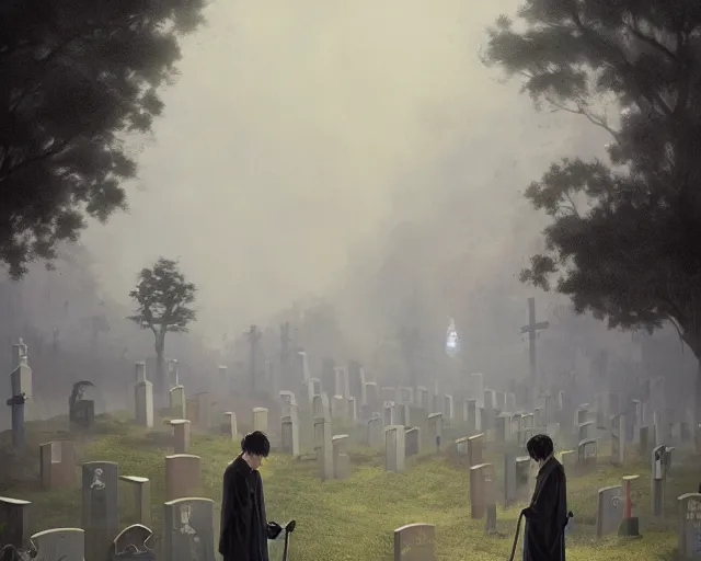 Prompt: a 50 year old brunnete chinese man Standing at a funeral in a cemetery next to the grim reaper, horror scene, dramatic, anime art, Greg Rutkowski, studio ghibli, dramatic lighting