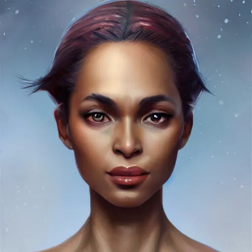 Image similar to beautiful, very strong, mixed race, female, aged 4 0, face, no makeup, head shot, fantasy, highly detailed, digital painting, artstation, concept art, smooth, sharp focus, illustration, art by brom