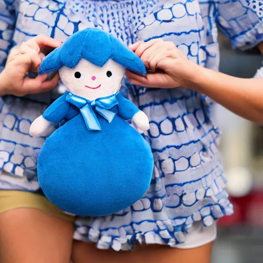 Image similar to blue'snappy gifts'human - sized plush doll, in new york, holding gift, happy atmosphere, high detail, soft lighting, 8 k