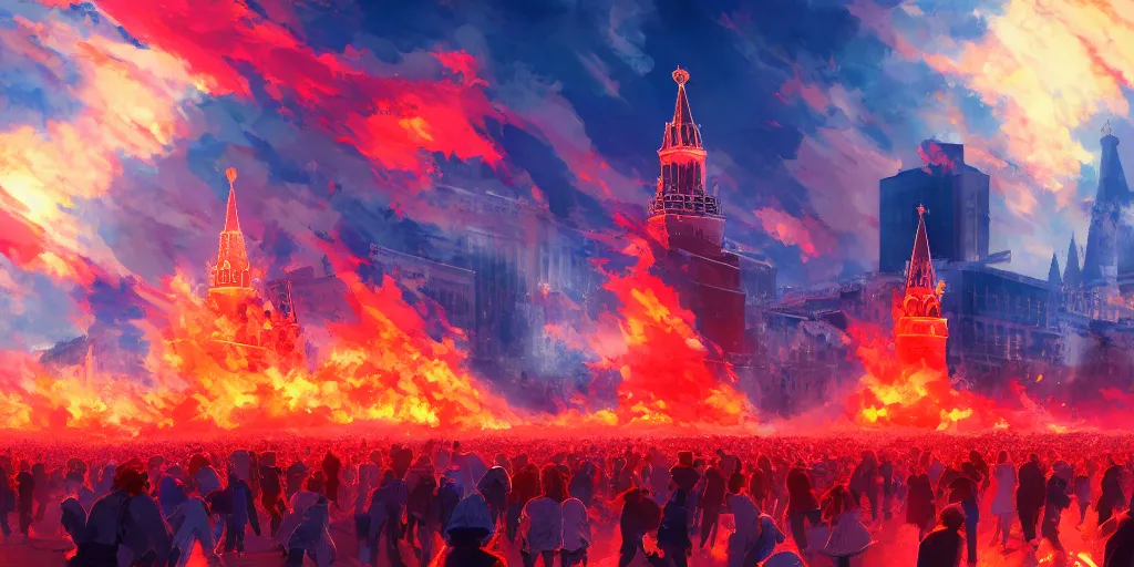 Image similar to high quality picture of burning Red Square in Moscow in flame, rich vivid colors, ambient lighting, dynamic lighting, 4k, HQ, official media, anime key visual, makoto shinkai, ilya kuvshinov, lois van baarle, rossdraws, detailed, trending on artstation