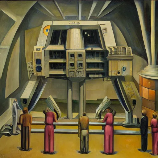 Prompt: cutaway section of a giant robot revealing people living inside, brutalist, dystopian, pj crook, edward hopper, oil on canvas