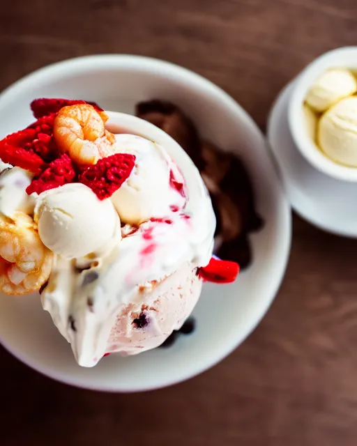 Image similar to dslr food photograph of a cup of ice cream sundae with shrimps on. 8 5 mm f 1. 4