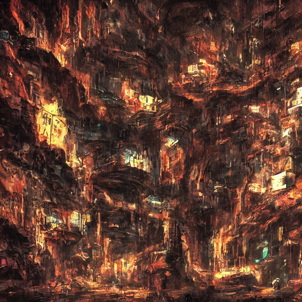 Image similar to a cave painting of a cyberpunk cave