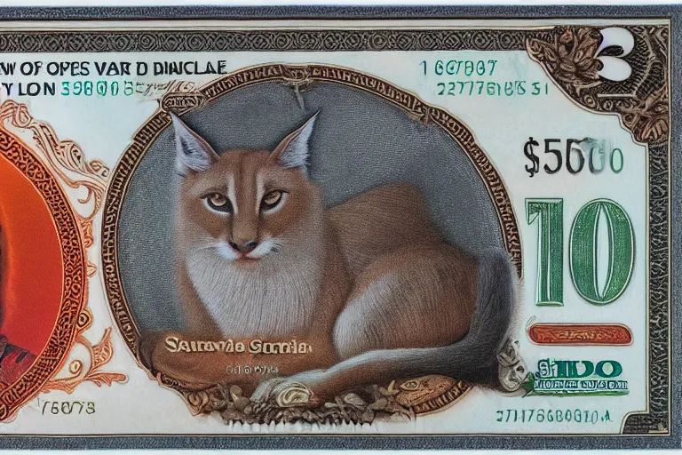 Prompt: one dollar banknote with face of cute caracal on it, intaglio style, photo realistic, ultra detailed, 8k, sharp focus