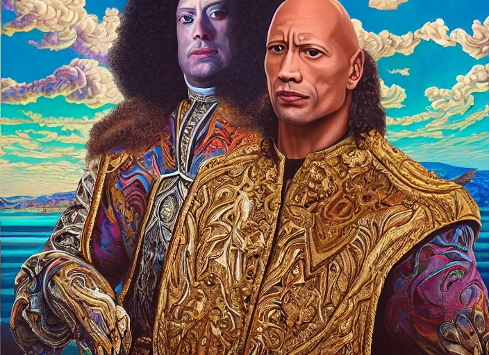 Image similar to beautiful oil painting, full length portrait of Dwayne the rock Johnson as Louis xiv in coronation robes 1701, Dan Mumford, Dan Mumford, Alex grey, Alex grey, highly detailed , lsd visuals, dmt fractal patterns, hallucinogen, visionary art, psychedelic art, ornate, vaporwave, baroque