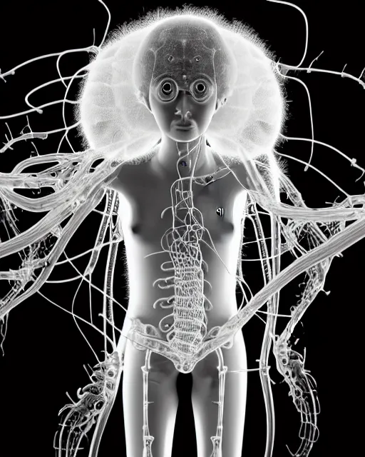 Prompt: black and white young cyborg-human-jellyfish-plant goddess high quality photo, microchip, artificial intelligence, bio-mechanical bio-luminescence, black wired cables, neurons, nerve cells, octane render, cinematic, rim light, hyper realism, photo-realistic, high detail, 8k, masterpiece, high fashion, in the style of H.G. Giger