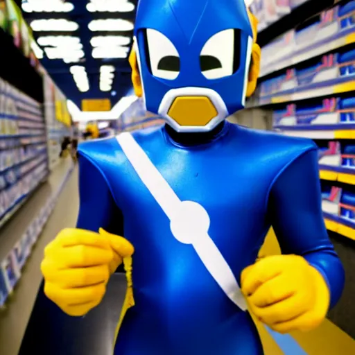 Image similar to uhd photorealisitc candid photo of mega - man at best buy, smashing electronics. correct costume. correct face, accurate face. photo by annie leibowitz and steve mccurry