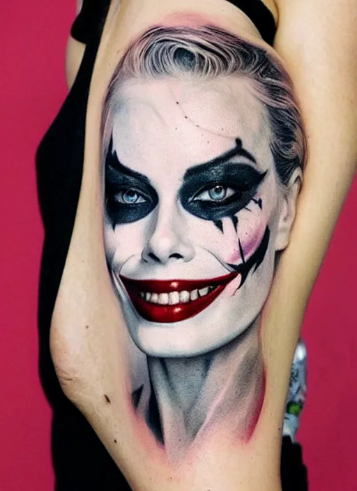 Image similar to beautiful margot robbie with joker makeup tattoo design, holding an ace card, black and white, realism tattoo, hyper realistic, highly detailed