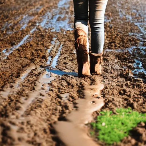 Image similar to a woman in chunky platform boots walking on a muddy road, canon EOS 1000D