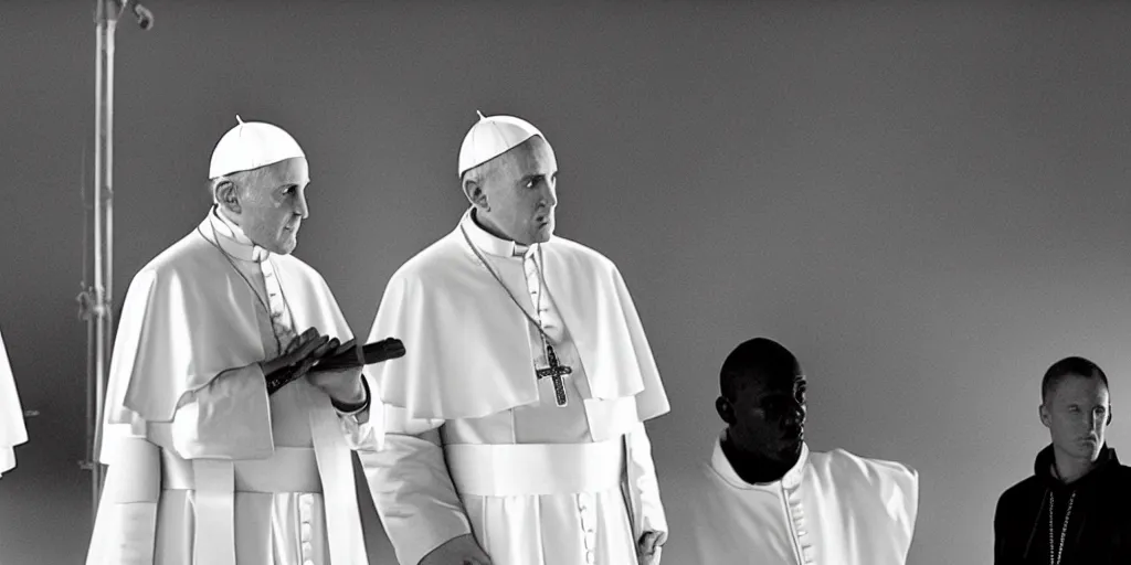 Image similar to film frame of the pope and eminem doing a rap freestyle 4 k quality rule of thirds eminem's face detail cinematic color grading by christopher nolan. two only main characters.