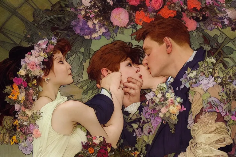 Image similar to the groom kisses the bride at a wedding full of flowers, bright and happy, dreamlike art, highly detail, 4 k realistic, wedding photoy krenz cushart. artem demura. alphonse mucha. yoji shinkawa artgerm. jon lothian. danilo torres. adi meyers. thomas reimann. gaston bussiere.