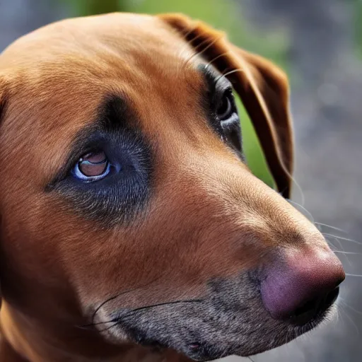 Prompt: A tan labrador retriever mix smelling the camera, close-up