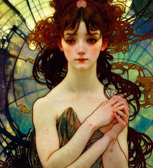 Image similar to anime girl portrait of highly details, solarpunk style,, by egon shiele and alphonse mucha, with influence of jeremy mann, peter lindbergh, dave mckean, maurice sapiro, and frank moth, soft lightning, highly detailed, 8 k