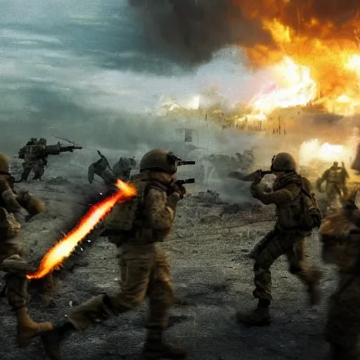Prompt: hyper realism, realistic apocalyptic war scene, explosions, soldiers running