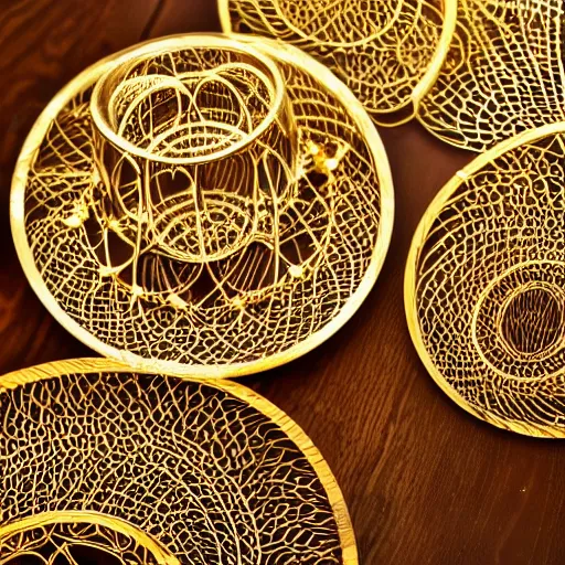 Image similar to a well - lit photo of an intricate gold filigree art nouveau set of concentric spheres on a wooden table, beautiful, detailed, flowing curves