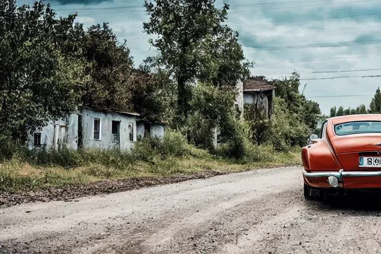 Prompt: modern rusty Bentley Continental GT drives along the road of an old Russian village with houses at the edges