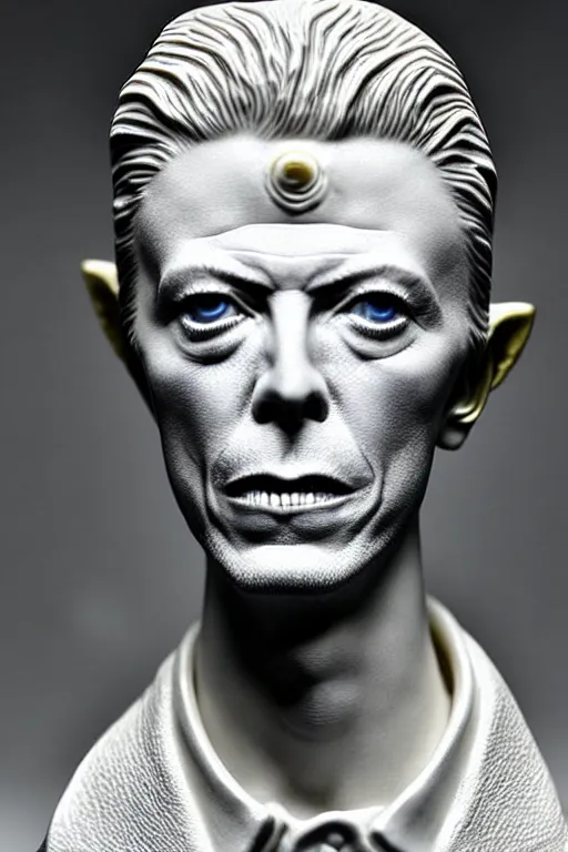 Image similar to David Bowie , A Close up photo-real delicate ceramic porcelain sculpture of a symmetrical ornate detailed in front of an intricate background by Victo Ngai and takato yamamoto, micro detail, backlit lighting, face in focus, subsurface scattering, translucent, thin porcelain, octane renderer, colorful, physically based rendering, japanese pottery, trending on cgsociety